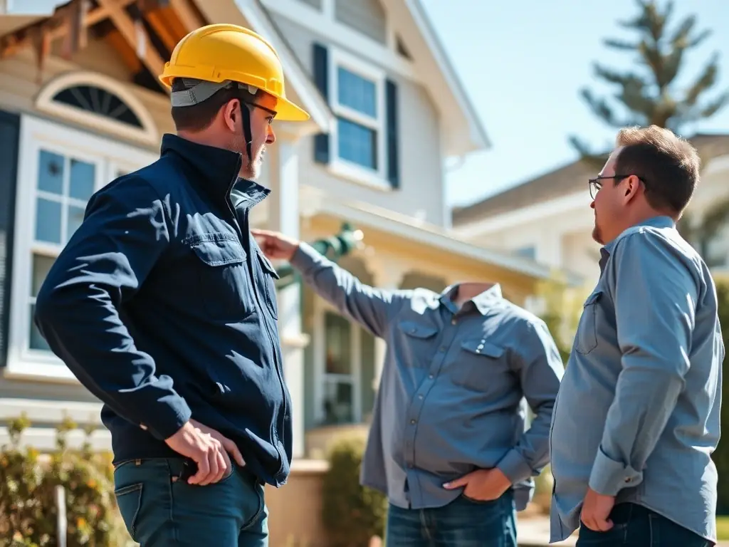 A Kingdom Craft Construction project manager meeting with an insurance adjuster at a client's home, discussing the scope of the damage and advocating for fair coverage. The image should convey expertise and advocacy.
