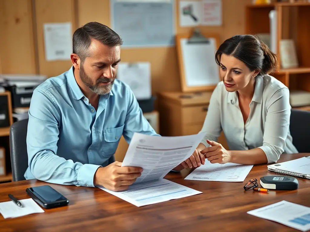 A photo of a Kingdom Craft Construction project manager reviewing insurance claim documents with a client at a table, both looking focused and engaged.
