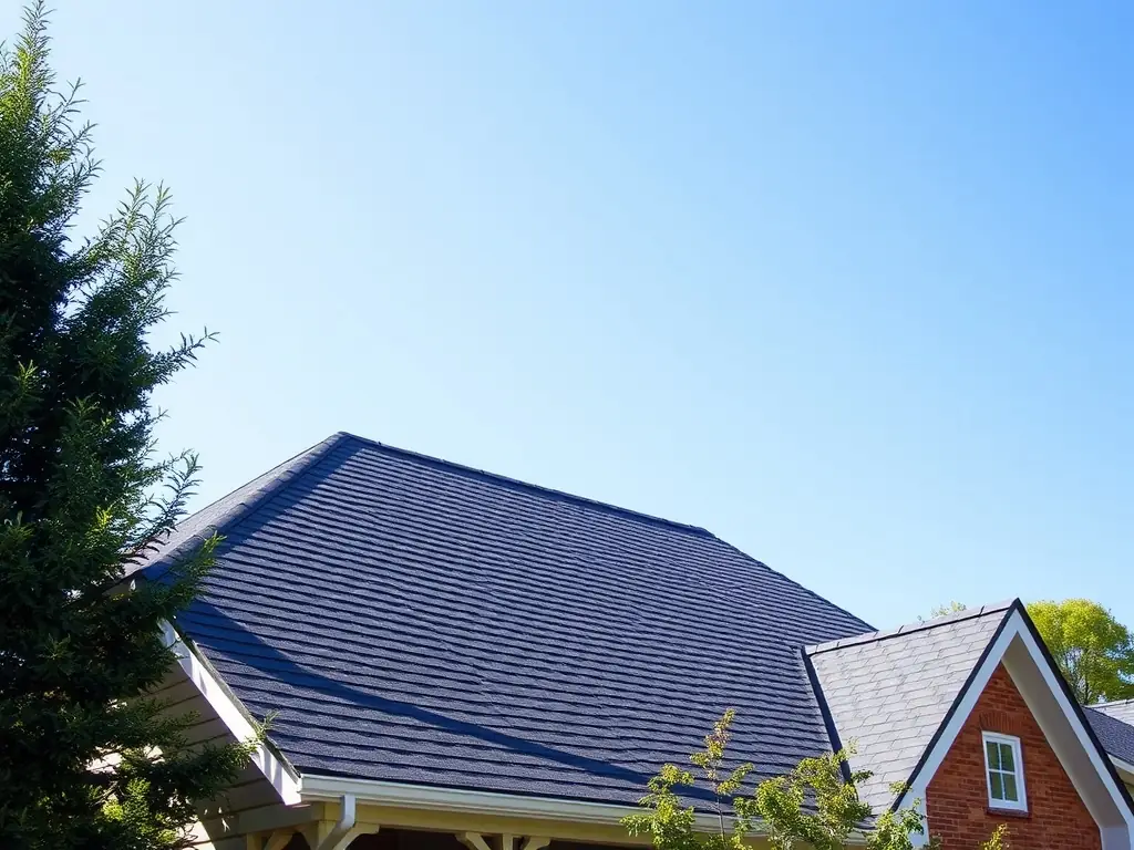 A high-angle shot of a newly installed roof on a residential home, showcasing the quality of Kingdom Craft Construction's roofing services.