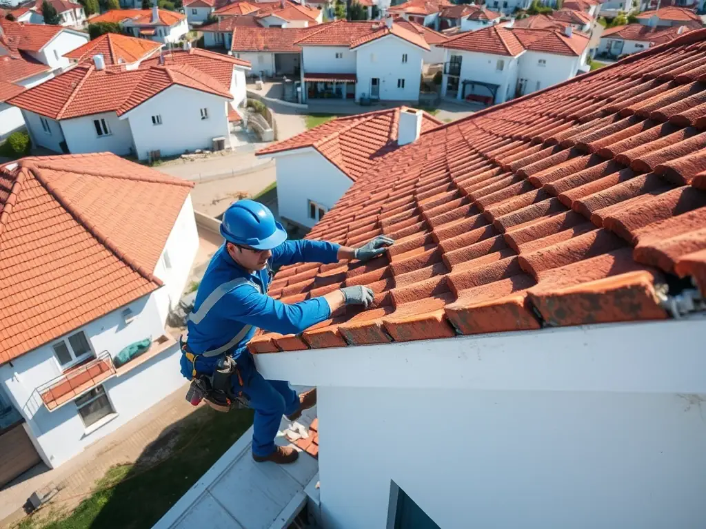 A high-angle shot of a Kingdom Craft Construction team member inspecting a roof with a homeowner, both smiling and pointing at the area of concern, under a sunny sky.