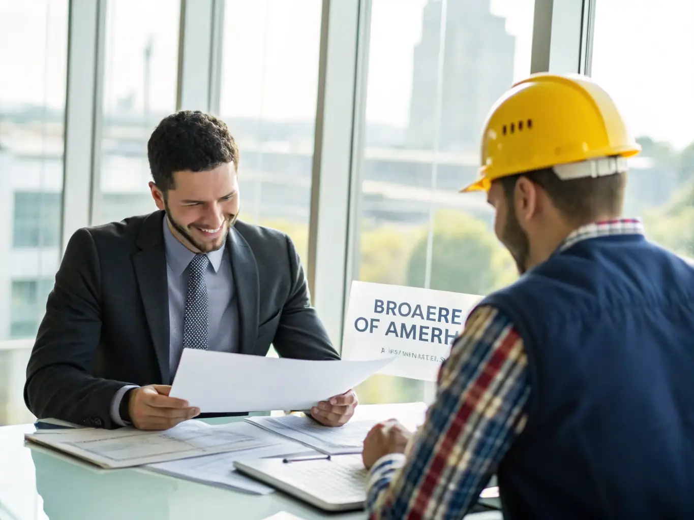 A Kingdom Craft Construction representative assisting a homeowner with filing their insurance claim, organizing documents, and ensuring all necessary information is included. The scene should depict a supportive and helpful interaction.
