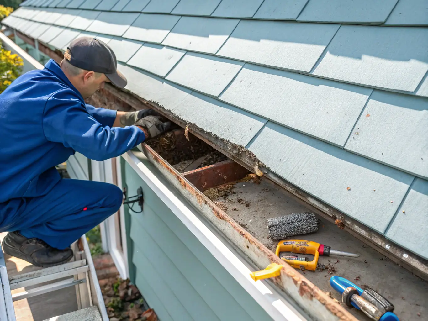 A close-up shot of a Kingdom Craft Construction worker installing siding on a house, showcasing attention to detail and quality craftsmanship.