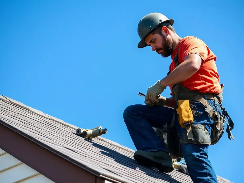 A high-angle shot of a craftsman installing new roofing shingles on a residential home, showcasing attention to detail and quality materials.