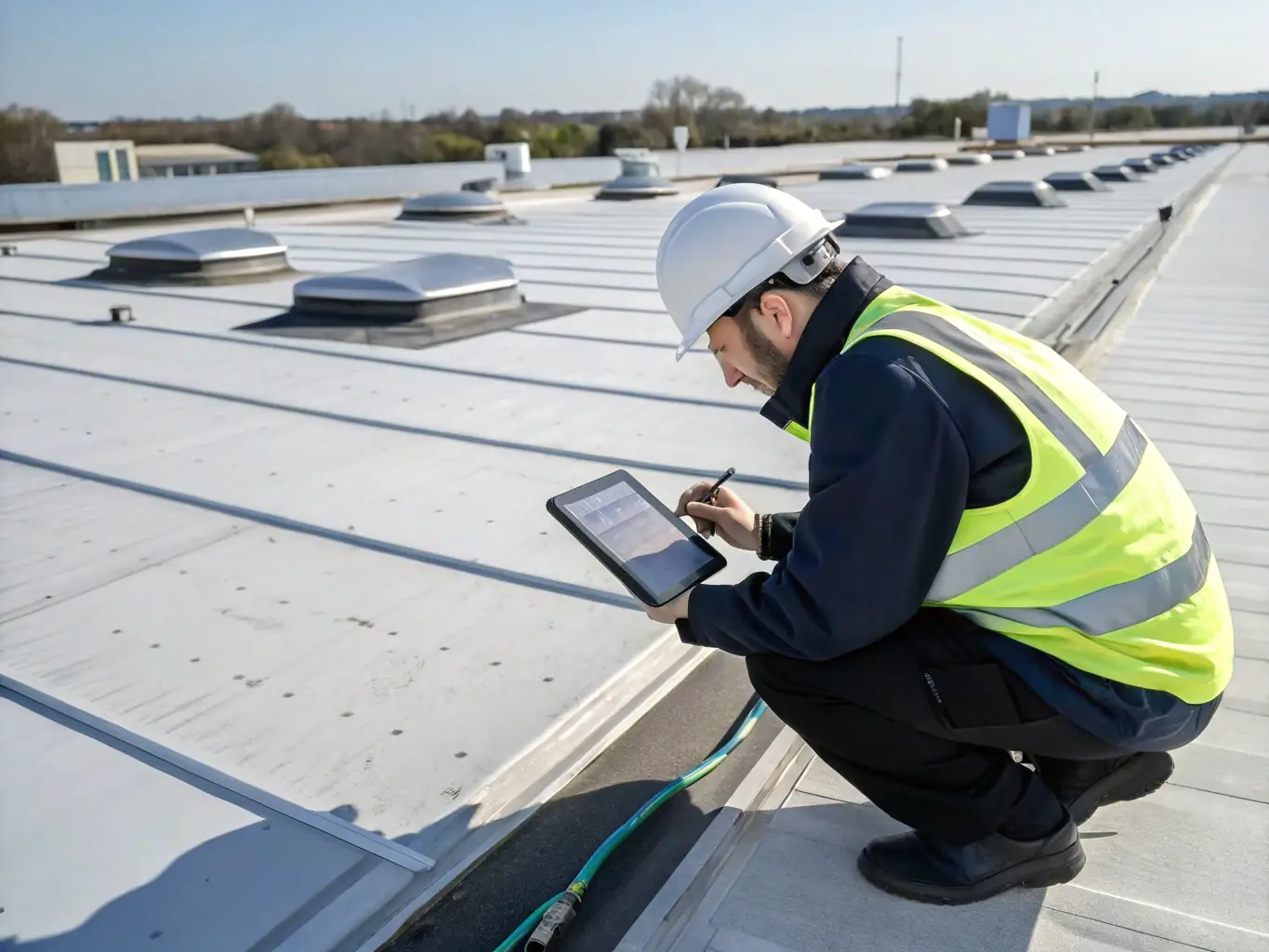 A Kingdom Craft Construction inspector conducting a thorough roof inspection, carefully documenting potential damage for an insurance claim. The image should convey professionalism and attention to detail.