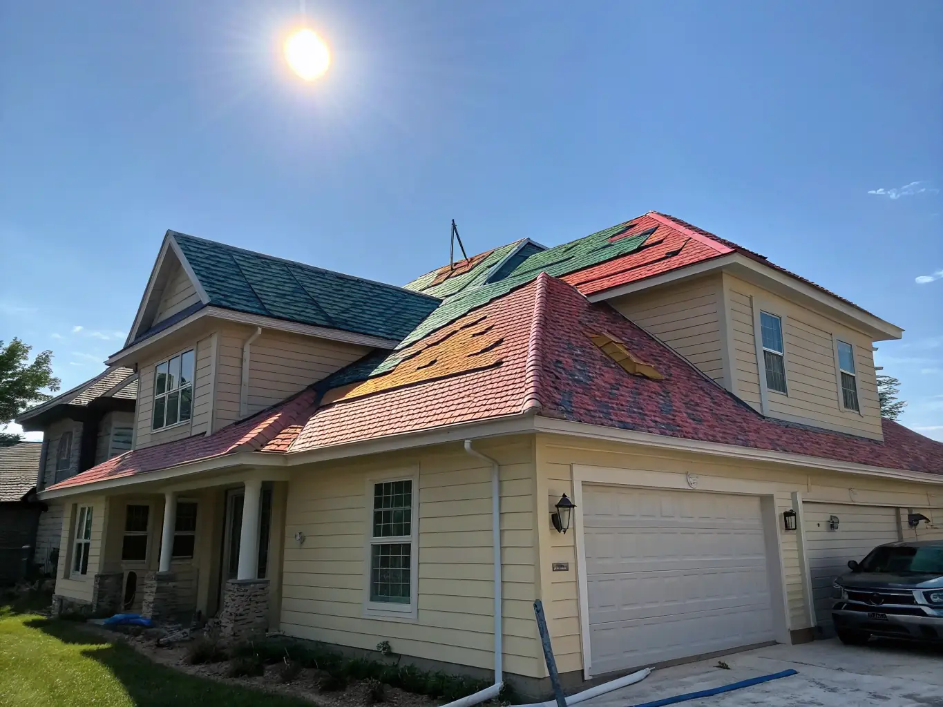 A high-angle shot of a newly installed roof on a residential home, showcasing the quality of the shingles and the precision of the installation. The image is taken on a sunny day to highlight the roof's color and texture.